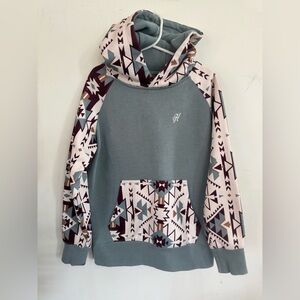 Hooey Teal and Ivory Aztec-Accent Cowl Hoodie Sweater